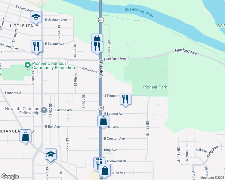 map of restaurants, bars, coffee shops, grocery stores, and more near 1438 Pioneer Road in Des Moines