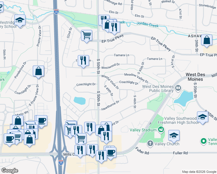map of restaurants, bars, coffee shops, grocery stores, and more near 346 South 49th Street in West Des Moines