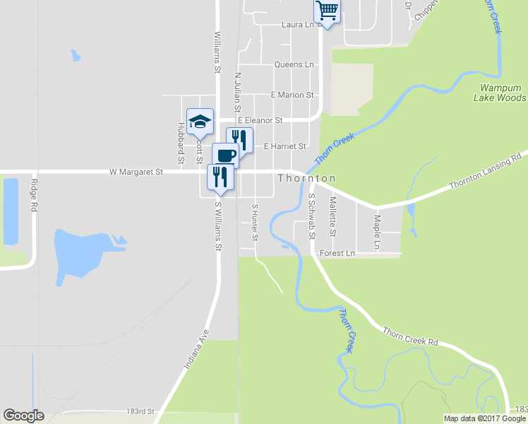map of restaurants, bars, coffee shops, grocery stores, and more near 205 South Hunter Street in Thornton
