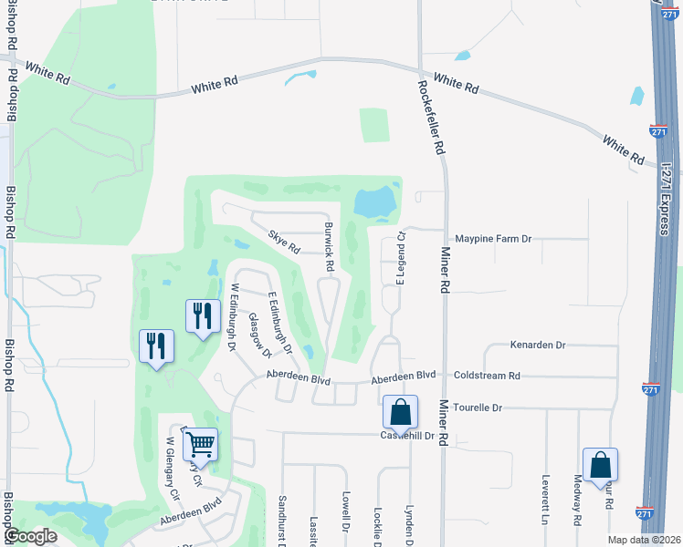 map of restaurants, bars, coffee shops, grocery stores, and more near 301 Burwick Road in Highland Heights