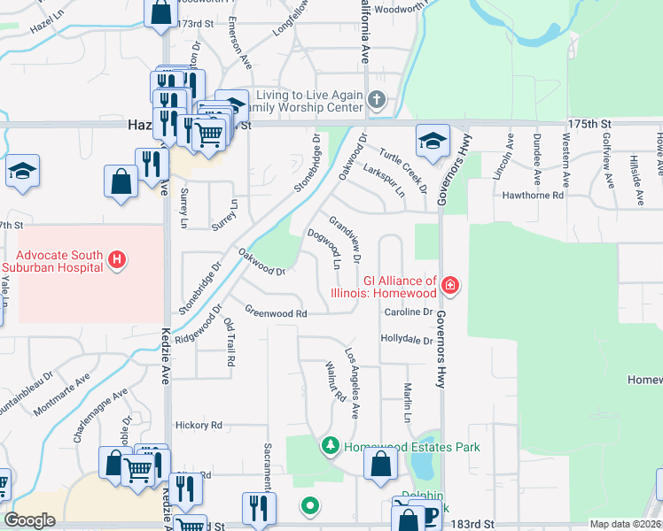 map of restaurants, bars, coffee shops, grocery stores, and more near 17711 Pebblewood Lane in Hazel Crest