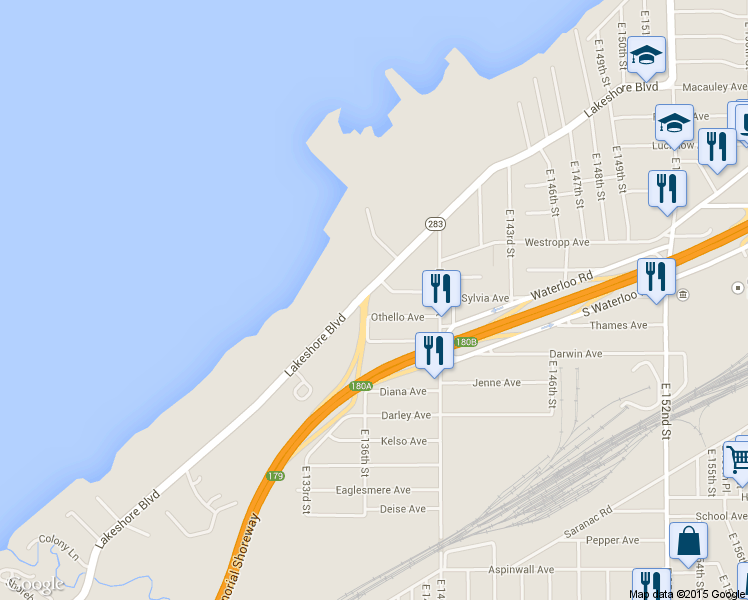 map of restaurants, bars, coffee shops, grocery stores, and more near 13616 Lakeshore Boulevard in Cleveland