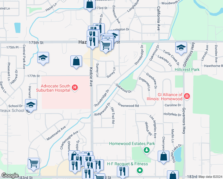map of restaurants, bars, coffee shops, grocery stores, and more near 17723 Stonebridge Drive in Hazel Crest