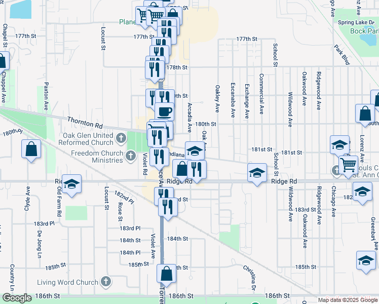map of restaurants, bars, coffee shops, grocery stores, and more near 2460 Indiana Avenue in Lansing