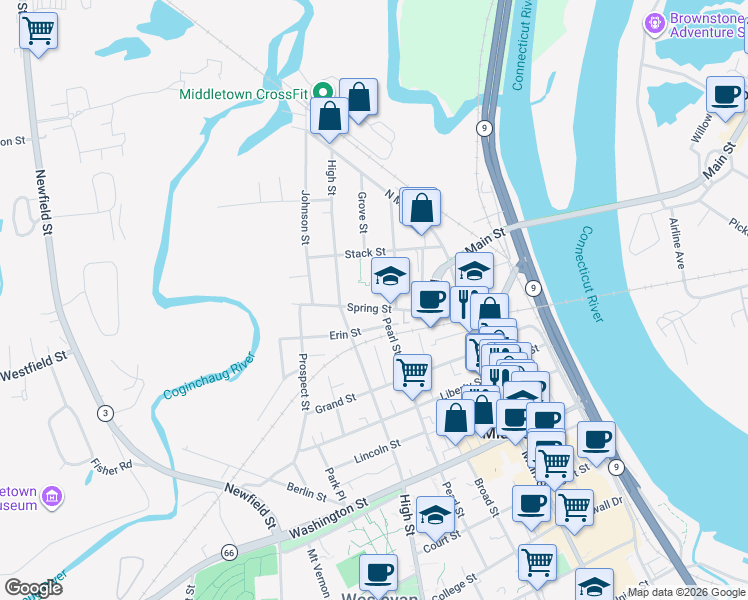 map of restaurants, bars, coffee shops, grocery stores, and more near 82 Spring Street in Middletown