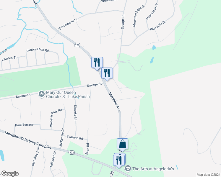 map of restaurants, bars, coffee shops, grocery stores, and more near 54 Faye Lane in Southington