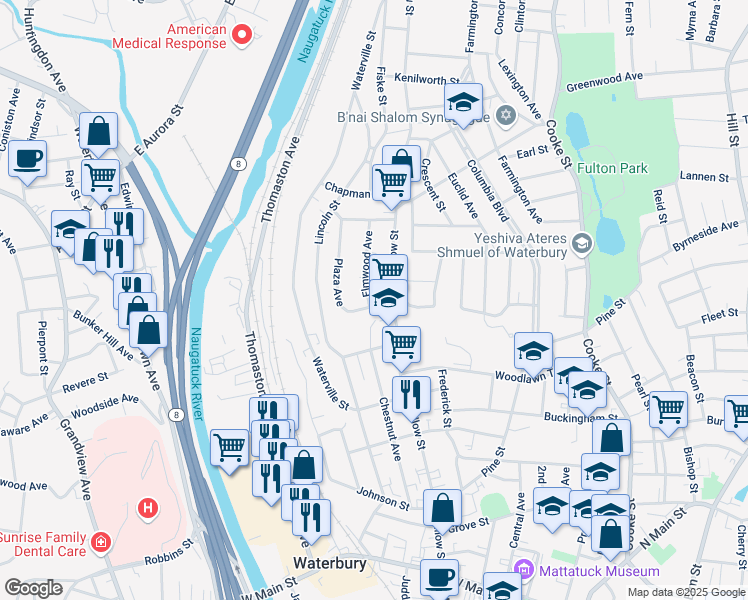 map of restaurants, bars, coffee shops, grocery stores, and more near in Waterbury