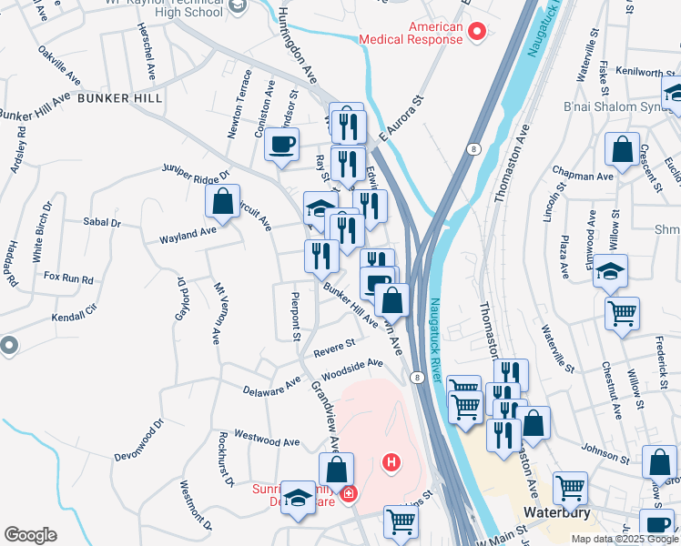 map of restaurants, bars, coffee shops, grocery stores, and more near 24 Tremont Street in Waterbury
