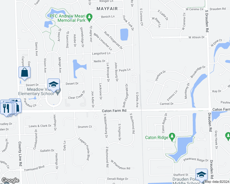 map of restaurants, bars, coffee shops, grocery stores, and more near 2501 John Bourg Drive in Plainfield