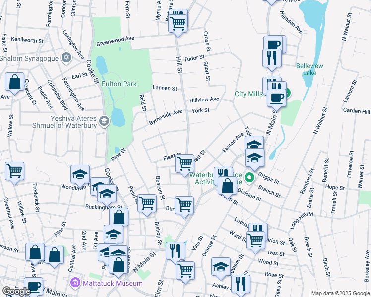map of restaurants, bars, coffee shops, grocery stores, and more near 149 Hill Street in Waterbury