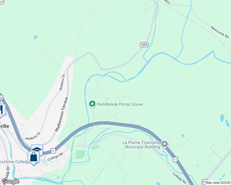 map of restaurants, bars, coffee shops, grocery stores, and more near Tall Timbers Village Trailer Park in Factoryville