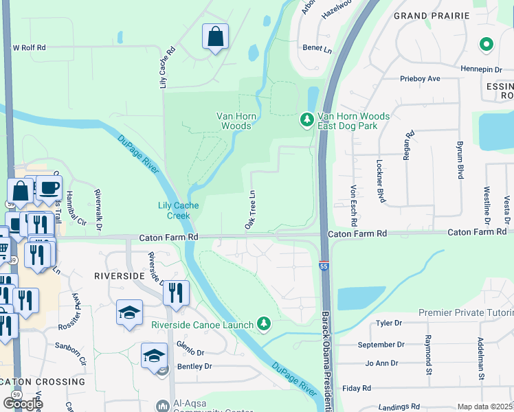 map of restaurants, bars, coffee shops, grocery stores, and more near 2430 Oak Tree Lane in Plainfield