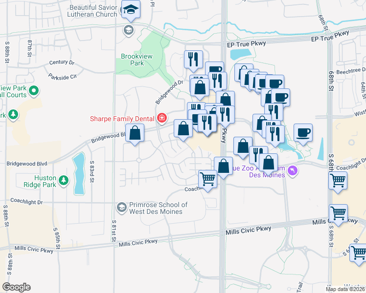 map of restaurants, bars, coffee shops, grocery stores, and more near 7730 Wistful Vista Drive in West Des Moines