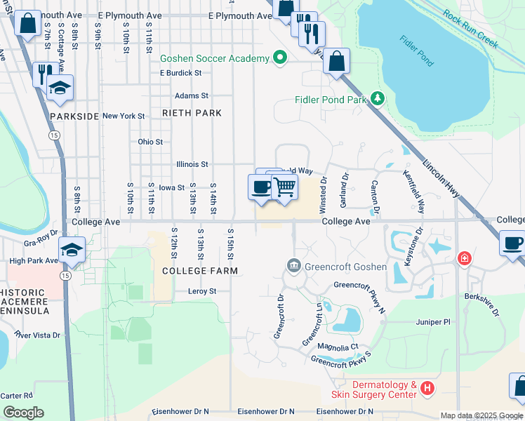 map of restaurants, bars, coffee shops, grocery stores, and more near 1303 College Avenue in Goshen