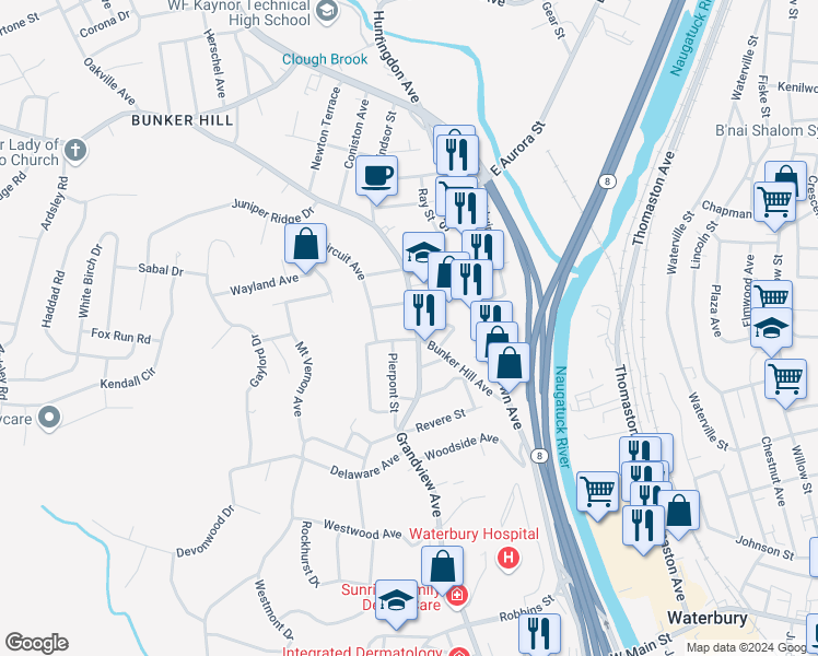 map of restaurants, bars, coffee shops, grocery stores, and more near 137 Bunker Hill Avenue in Waterbury
