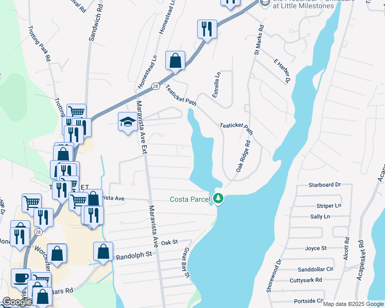 map of restaurants, bars, coffee shops, grocery stores, and more near 52 Mattapan Street in Falmouth