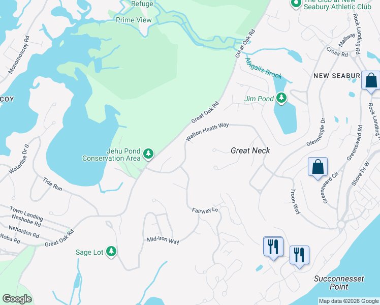 map of restaurants, bars, coffee shops, grocery stores, and more near 63 Walton Heath Way in Mashpee