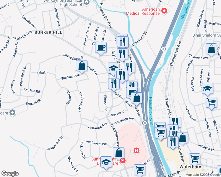 map of restaurants, bars, coffee shops, grocery stores, and more near 10 Woodruff Street in Waterbury