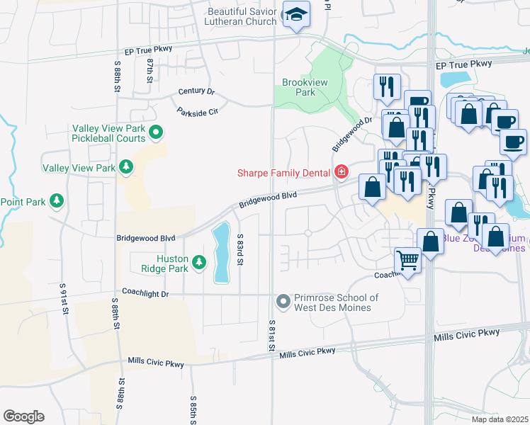 map of restaurants, bars, coffee shops, grocery stores, and more near 140 South 82nd Street in West Des Moines
