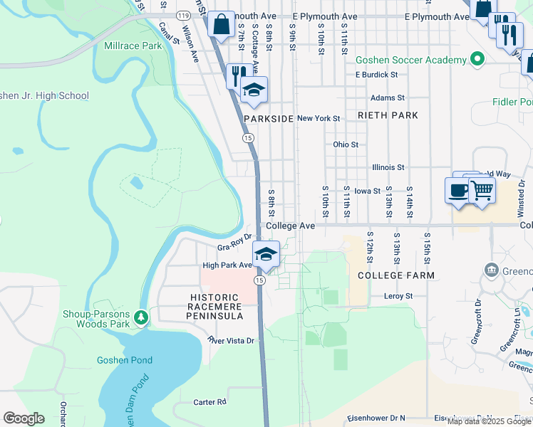 map of restaurants, bars, coffee shops, grocery stores, and more near 1617 South 8th Street in Goshen