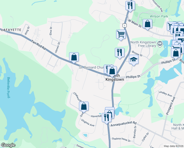map of restaurants, bars, coffee shops, grocery stores, and more near 96 Ten Rod Road in North Kingstown