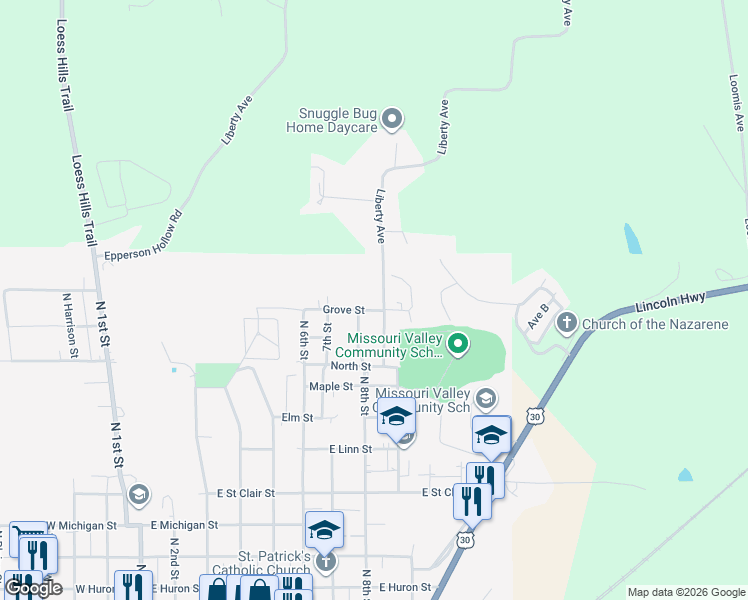 map of restaurants, bars, coffee shops, grocery stores, and more near 1007 Longview Road in Missouri Valley