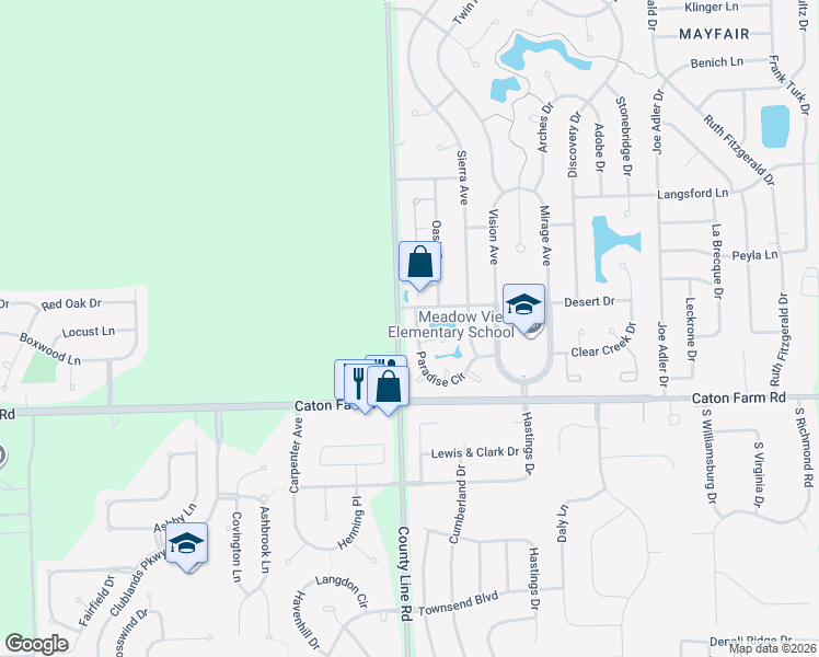 map of restaurants, bars, coffee shops, grocery stores, and more near 2505 Paradise Circle in Plainfield