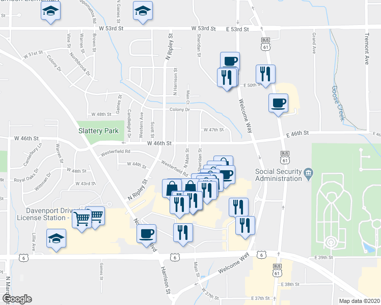 map of restaurants, bars, coffee shops, grocery stores, and more near 4547 North Main Street in Davenport