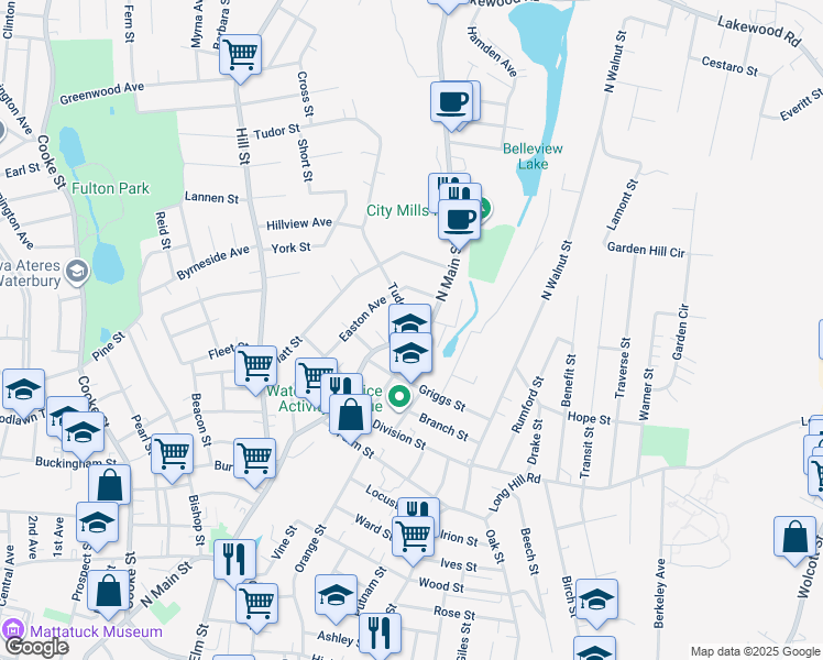 map of restaurants, bars, coffee shops, grocery stores, and more near in Waterbury