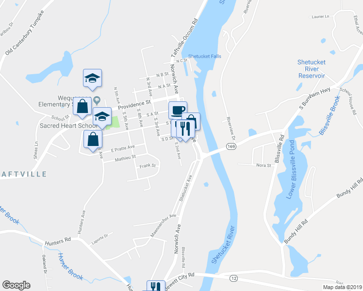 map of restaurants, bars, coffee shops, grocery stores, and more near 126R South 2nd Avenue in Norwich