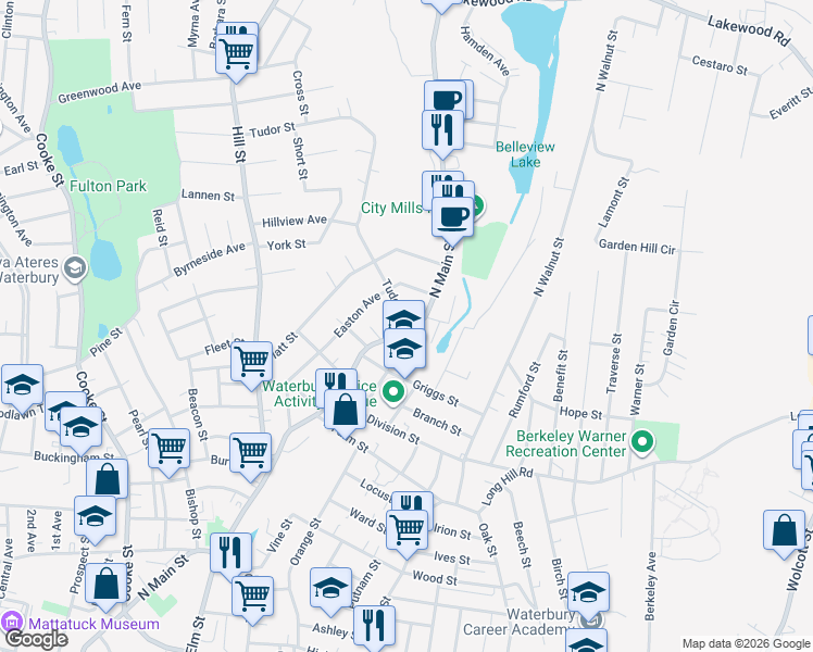 map of restaurants, bars, coffee shops, grocery stores, and more near in Waterbury