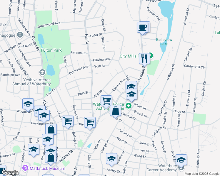 map of restaurants, bars, coffee shops, grocery stores, and more near 127 Easton Avenue in Waterbury