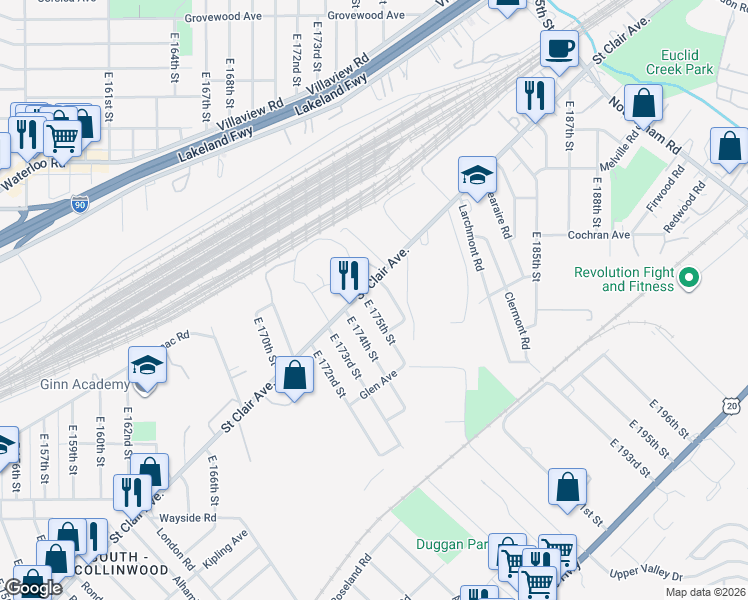 map of restaurants, bars, coffee shops, grocery stores, and more near 1430 East 176th Street in Cleveland
