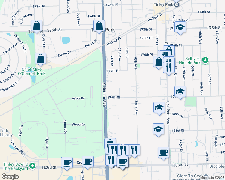map of restaurants, bars, coffee shops, grocery stores, and more near 17840 Sayre Avenue in Tinley Park