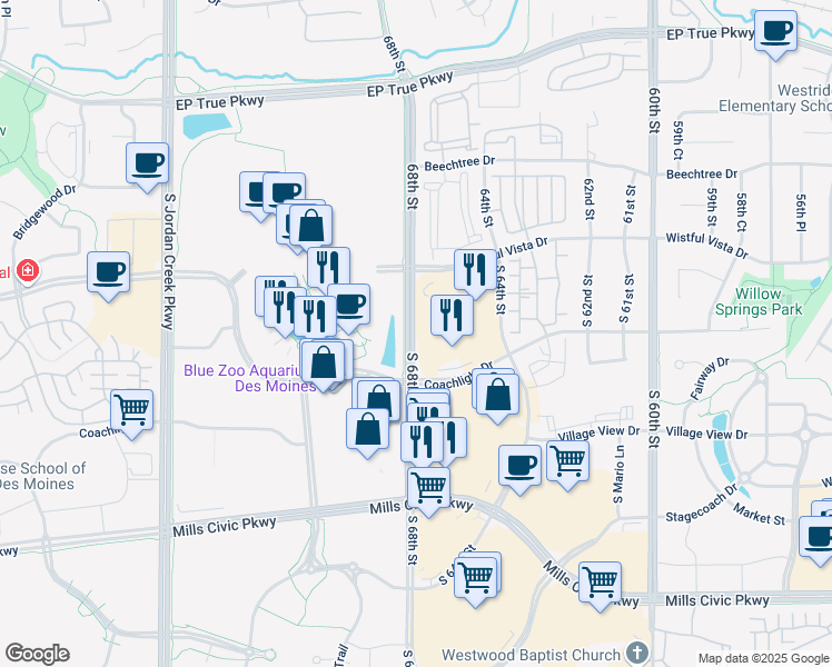 map of restaurants, bars, coffee shops, grocery stores, and more near 230 South 68th Street in West Des Moines