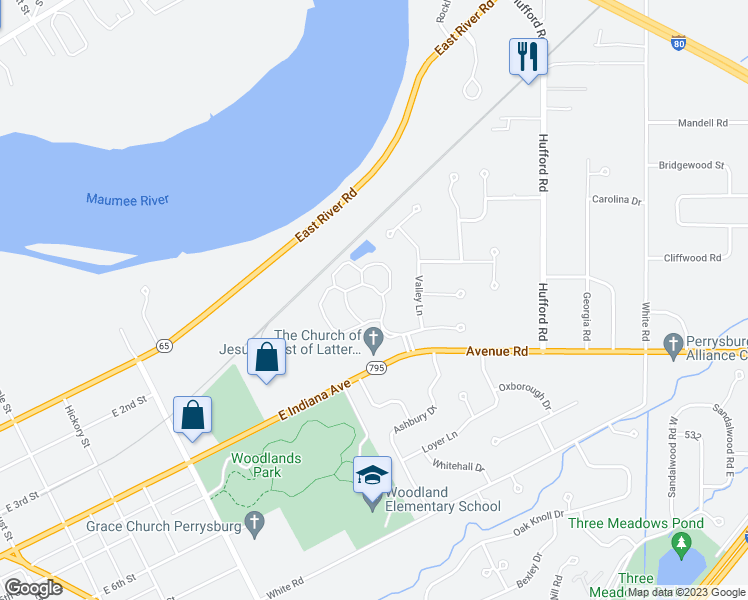 map of restaurants, bars, coffee shops, grocery stores, and more near 1080 Valley Bluff Drive in Perrysburg