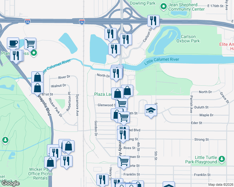 map of restaurants, bars, coffee shops, grocery stores, and more near 8046 Kennedy Avenue in Highland