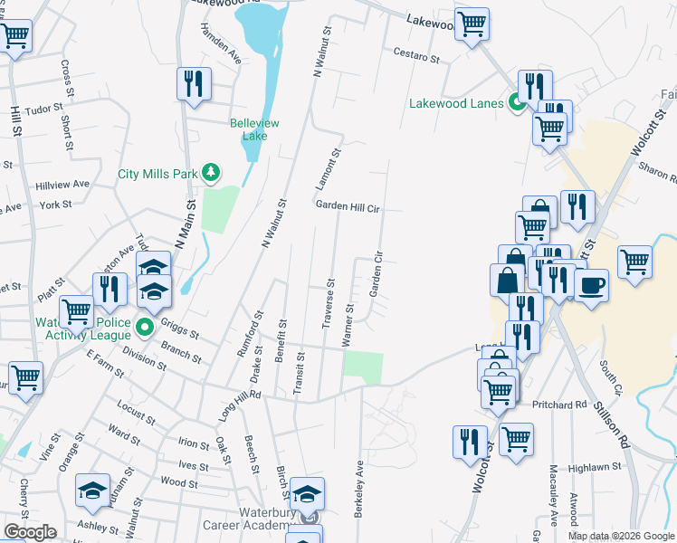map of restaurants, bars, coffee shops, grocery stores, and more near 191 Warner Street in Waterbury