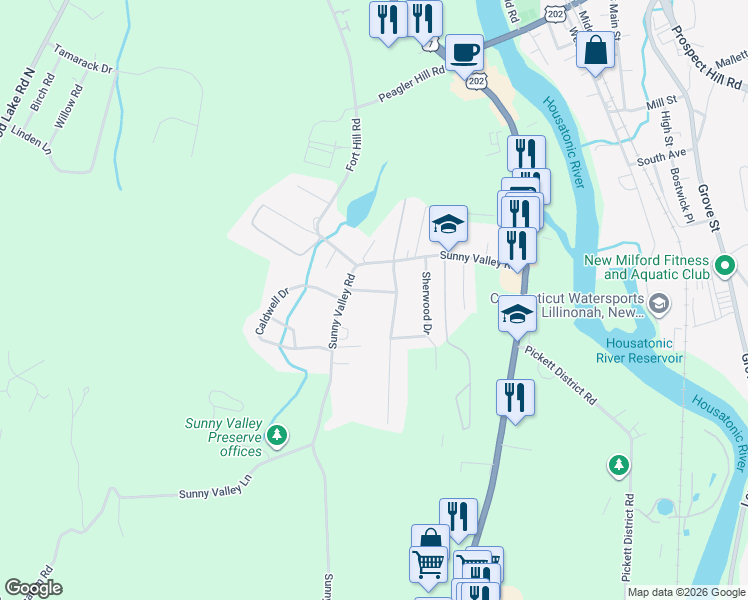 map of restaurants, bars, coffee shops, grocery stores, and more near 29 Sherwood Drive in New Milford