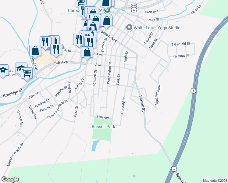 map of restaurants, bars, coffee shops, grocery stores, and more near 145 Park Street in Carbondale