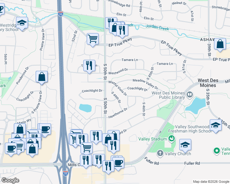 map of restaurants, bars, coffee shops, grocery stores, and more near 346 South 49th Street in West Des Moines