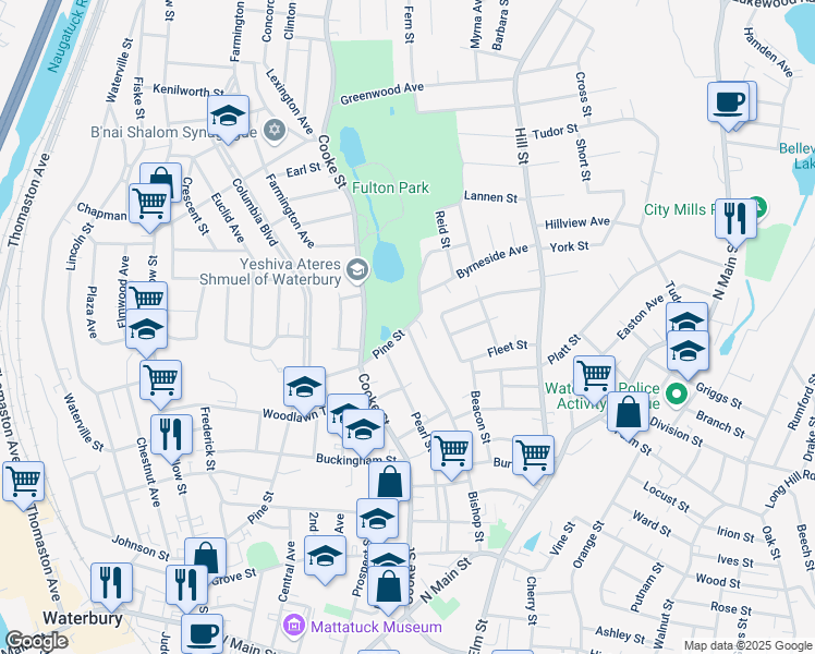 map of restaurants, bars, coffee shops, grocery stores, and more near Pine Street & Bishop Street in Waterbury