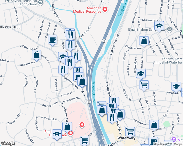 map of restaurants, bars, coffee shops, grocery stores, and more near James H Darcey Memorial Highway in Waterbury