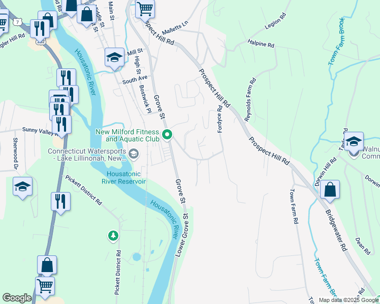 map of restaurants, bars, coffee shops, grocery stores, and more near 64 Fordyce Road in New Milford