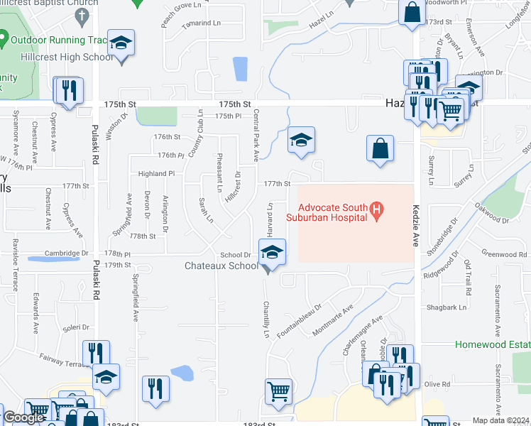 map of restaurants, bars, coffee shops, grocery stores, and more near 17770 Harvard Lane in Country Club Hills