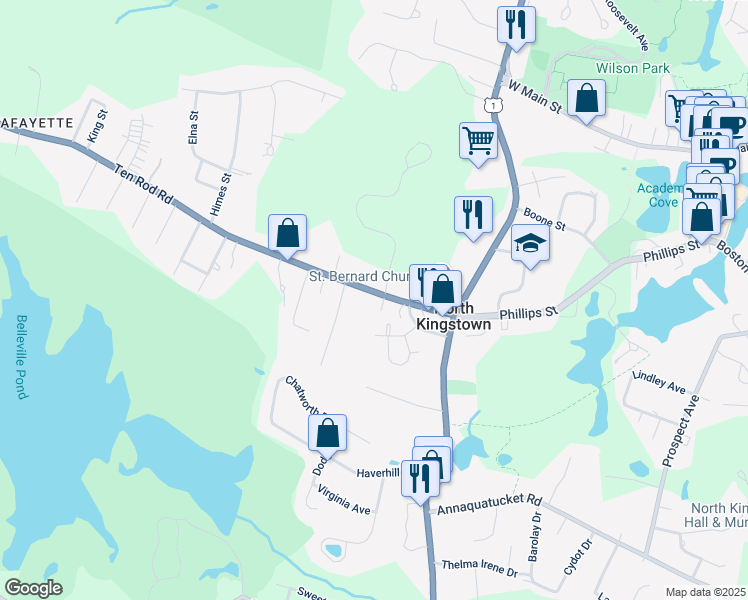 map of restaurants, bars, coffee shops, grocery stores, and more near 96 Ten Rod Road in North Kingstown