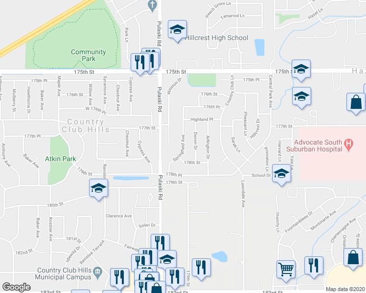 map of restaurants, bars, coffee shops, grocery stores, and more near 17770 Springfield Avenue in Country Club Hills