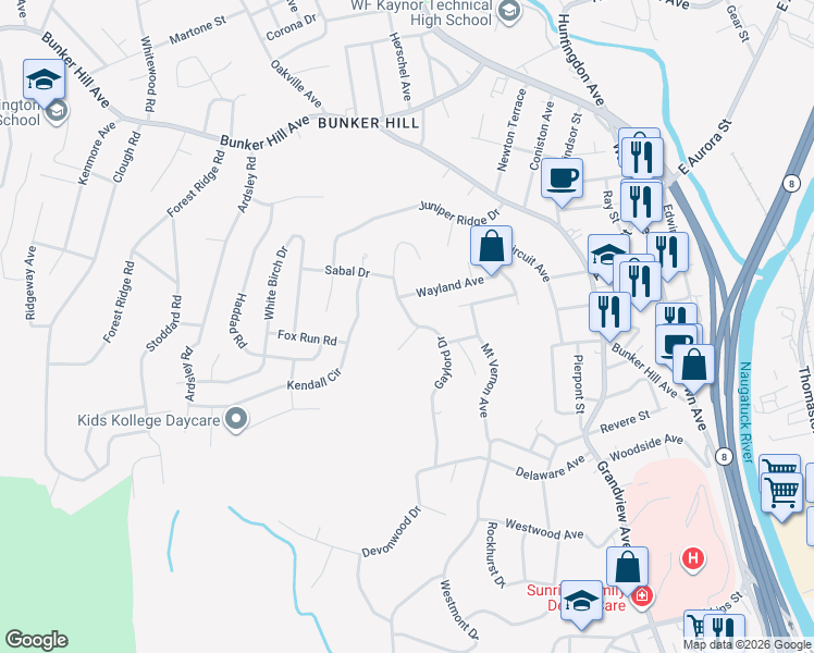 map of restaurants, bars, coffee shops, grocery stores, and more near 255 Gaylord Drive in Waterbury