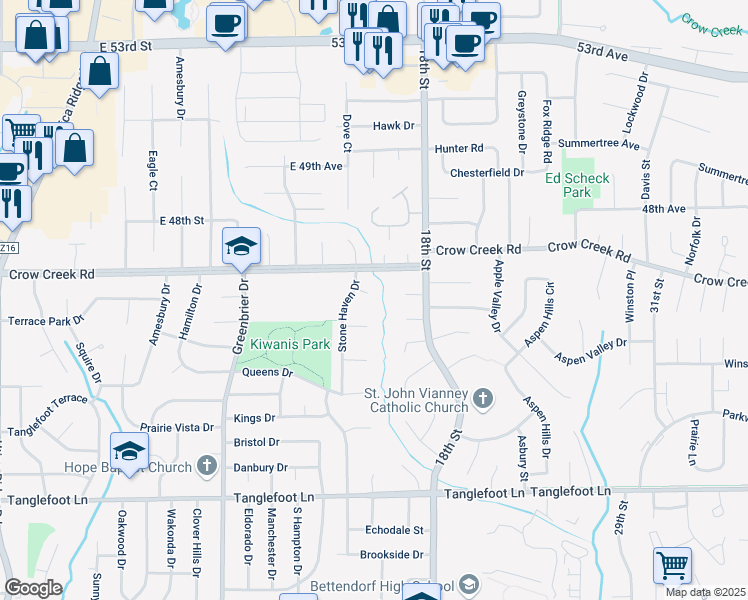 map of restaurants, bars, coffee shops, grocery stores, and more near 2131 Wendy Court in Bettendorf