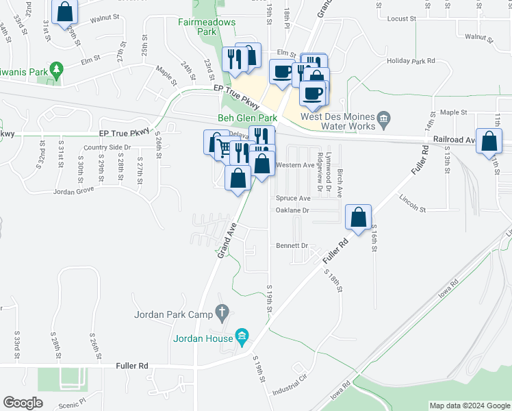 map of restaurants, bars, coffee shops, grocery stores, and more near 2100 Grand Avenue in West Des Moines